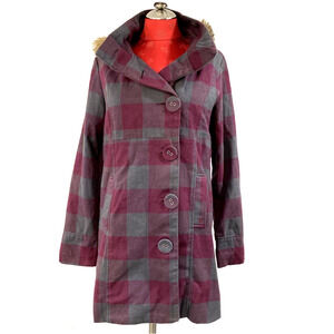 Hurley womens M jacket purple & gray plaid flannel casual coat removable hood